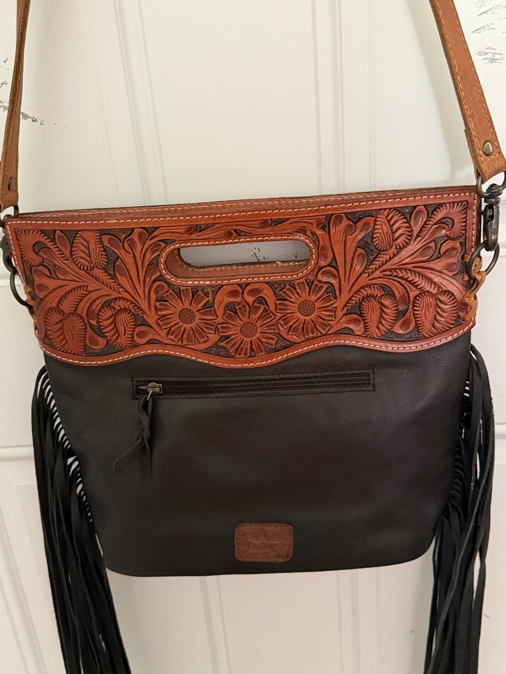 American Darling Brown & White Tooled Leather Cowhide Fringe Shoulder Bag - Picture 6 of 9